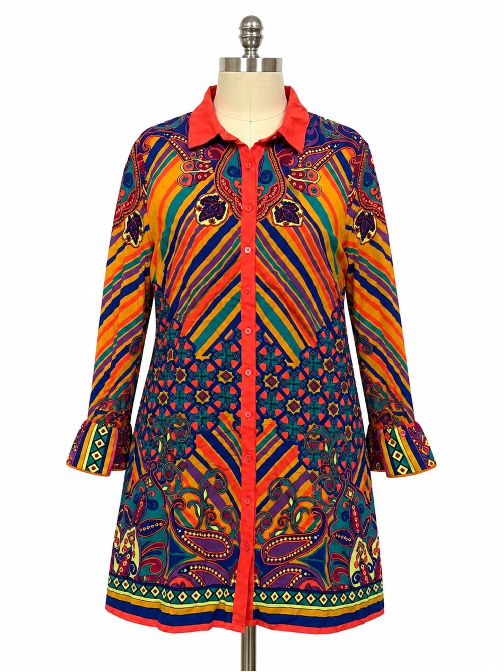 Flying Tomato Red-Coral Collar Multicolor Button-Front Tunic